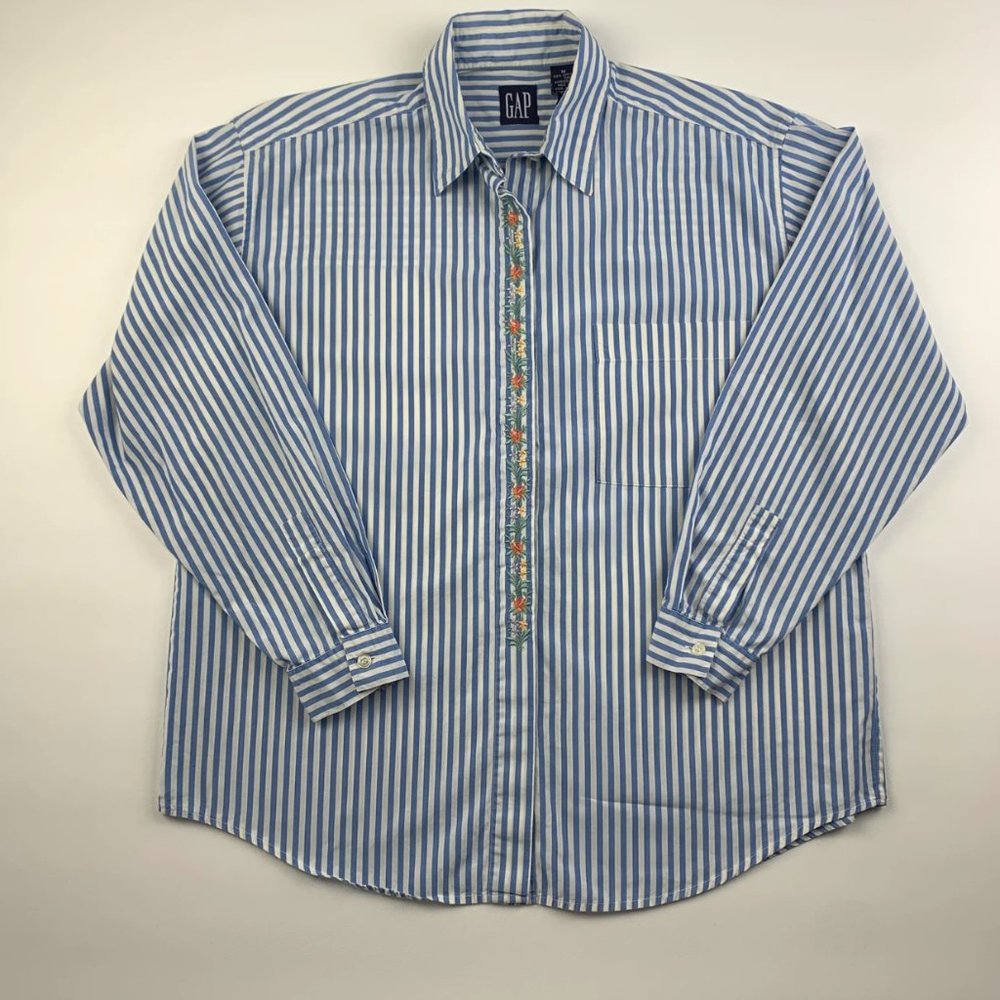 GAP Vintage 90s Blue and White Striped Button Up Collared Shirt w Floral Detail